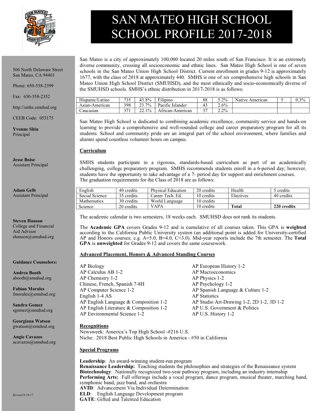 San Mateo High School School Profile 2017-2018