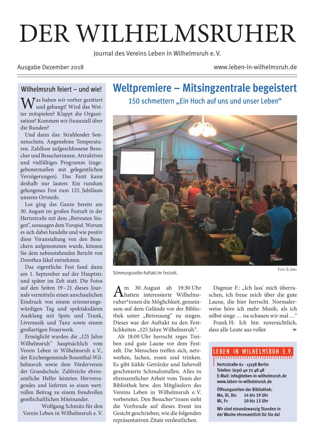 DER WILHELMSRUHER Journal Des Vereins Leben in Wilhelmsruh E