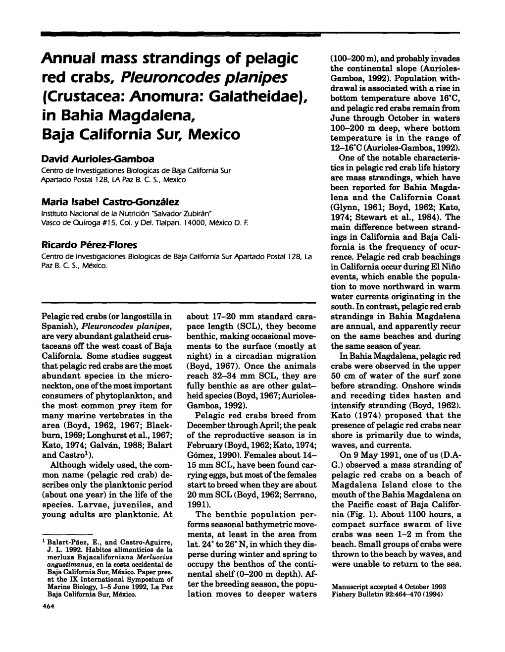 Annual Mass Strandings of Pelagic Red Crabs, Pleuroncodes Planipes