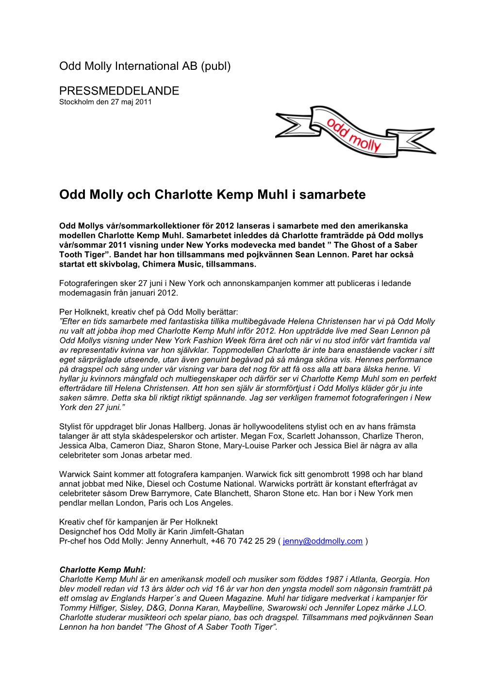 Pressmeddelande – Odd Molly Och Charlotte Kemp Muhl I Samarbete