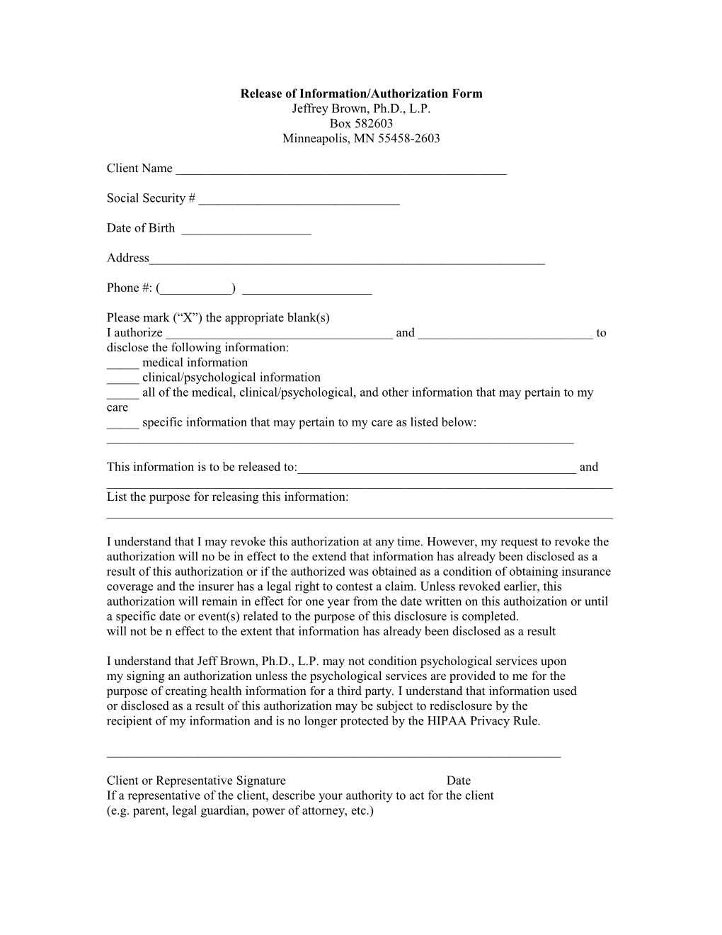 Release Of Information/Authorization Form