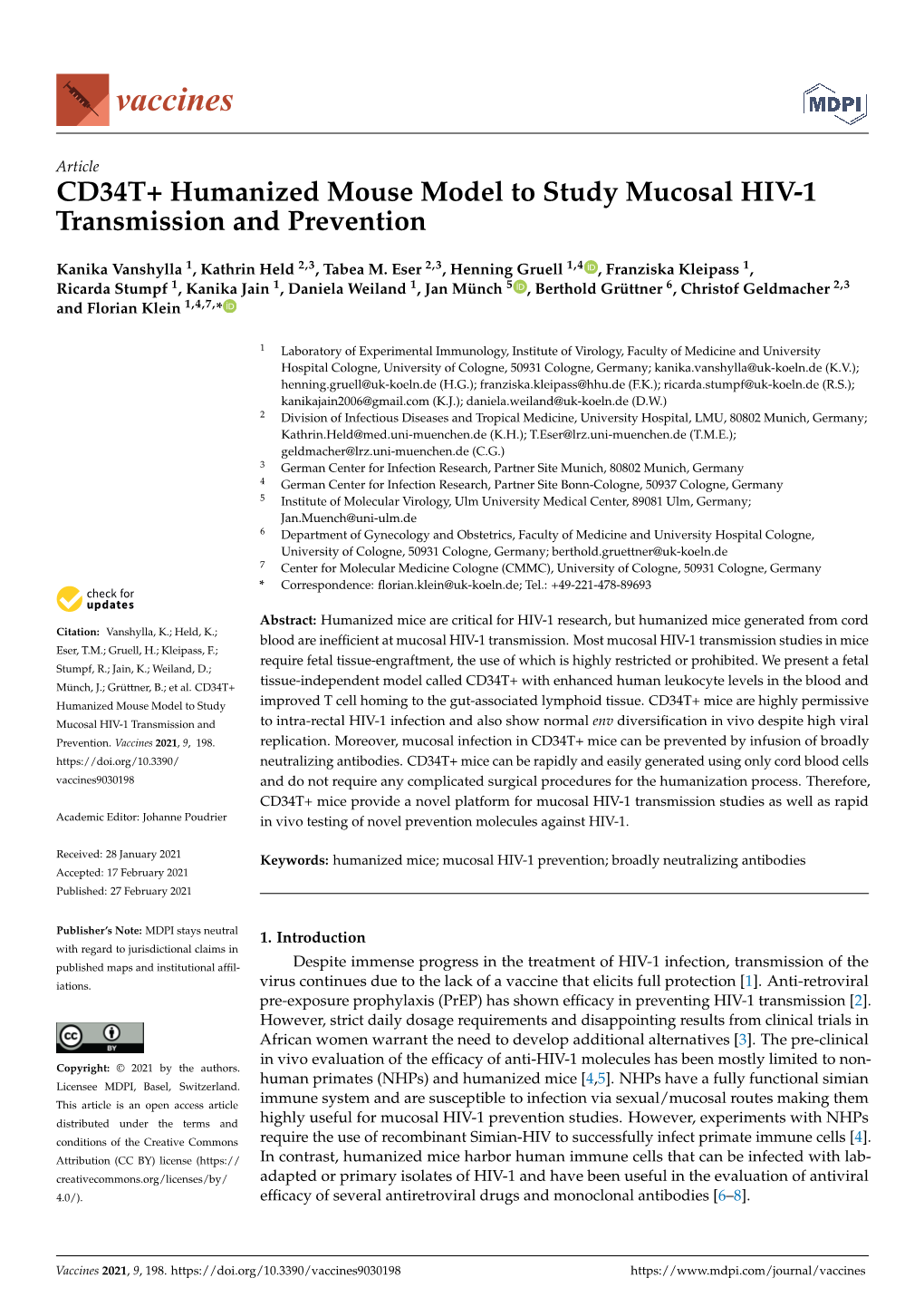 CD34T+ Humanized Mouse Model to Study Mucosal HIV-1 Transmission and Prevention