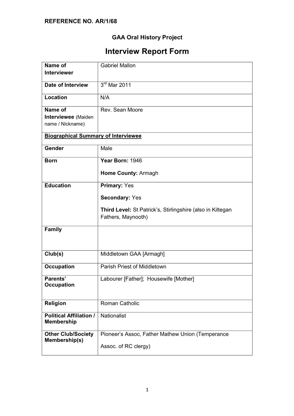 GAA Oral History Project Interview Report Form