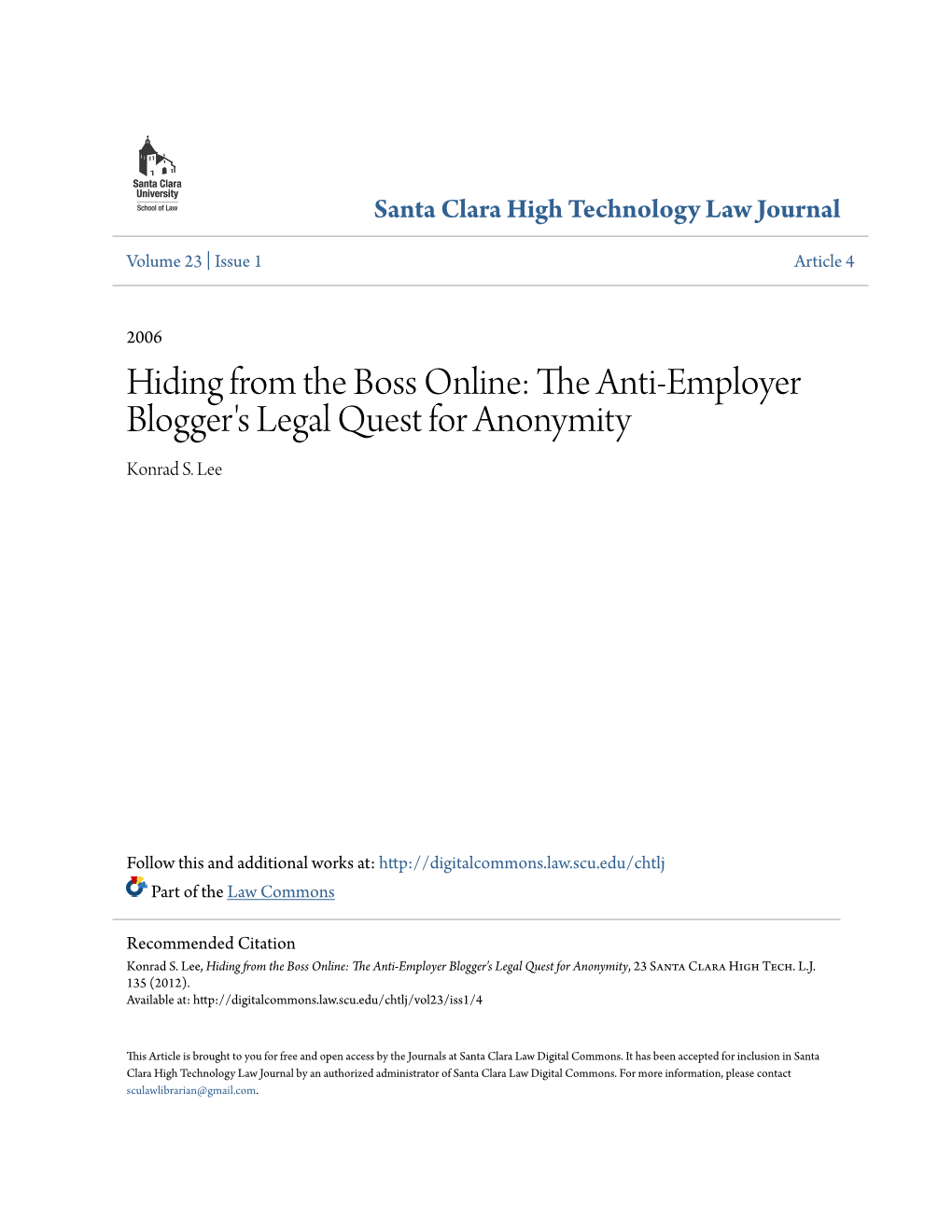 The Anti-Employer Blogger's Legal Quest for Anonymity Konrad S