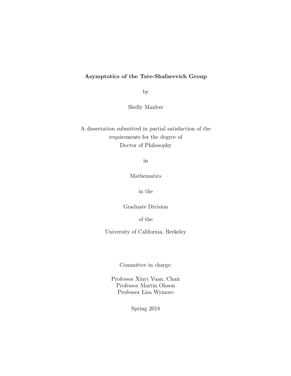 Asymptotics of the Tate-Shafarevich Group by Shelly Manber A