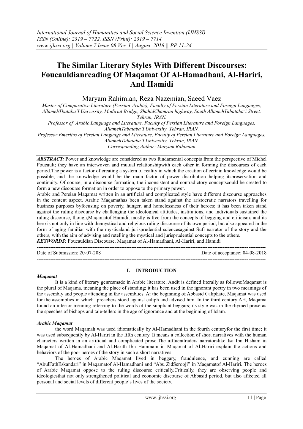 Foucauldianreading of Maqamat of Al-Hamadhani, Al-Hariri, and Hamidi