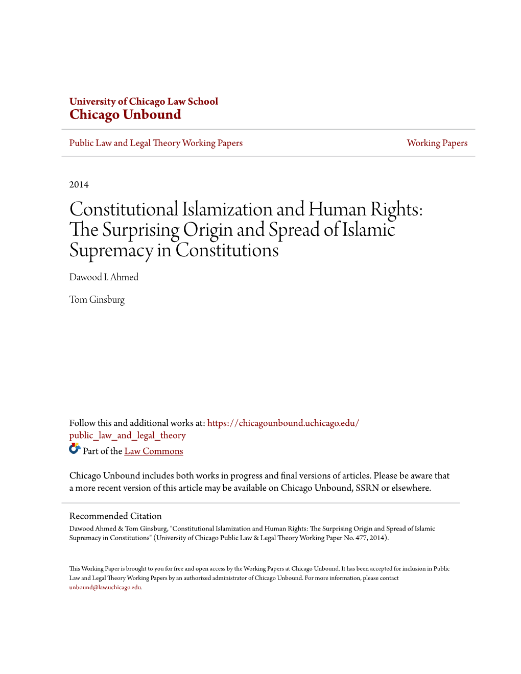 Constitutional Islamization and Human Rights: the Urs Prising Origin and Spread of Islamic Supremacy in Constitutions Dawood I