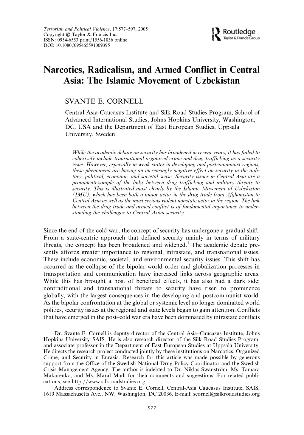 Narcotics, Radicalism, and Armed Conflict in Central Asia: the Islamic Movement of Uzbekistan