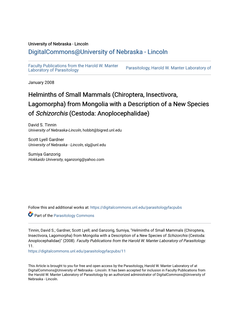 Chiroptera, Insectivora, Lagomorpha) from Mongolia with a Description of a New Species of Schizorchis (Cestoda: Anoplocephalidae)