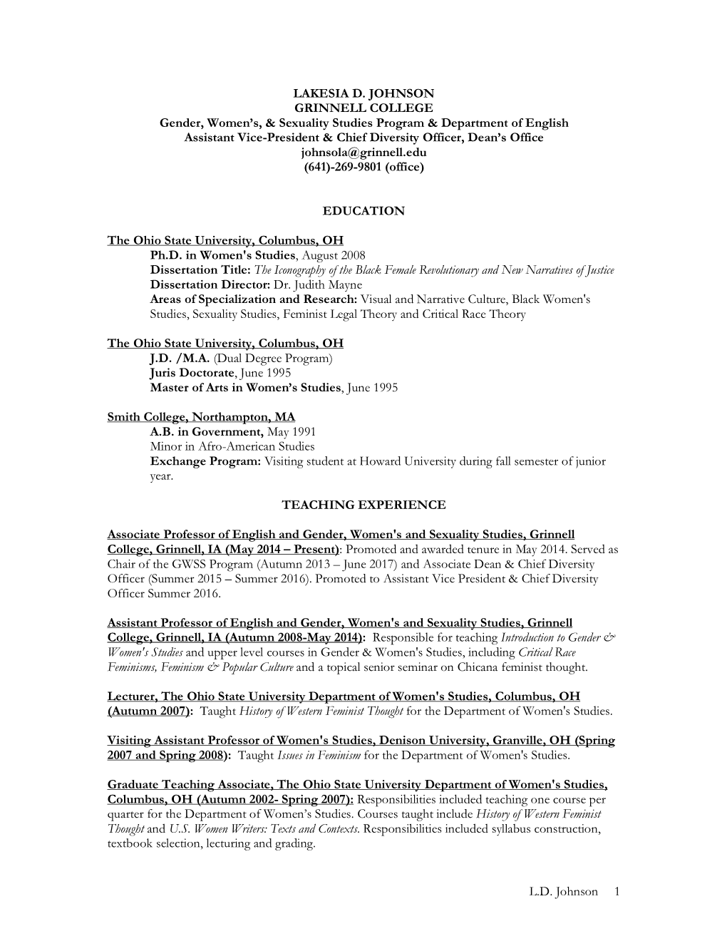 L.D. Johnson 1 LAKESIA D. JOHNSON GRINNELL COLLEGE
