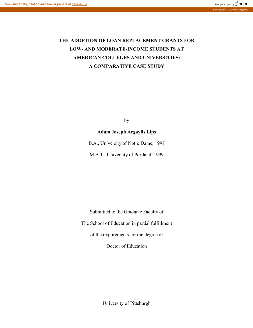 The Adoption of Loan Replacement Grants for Low- and Moderate-Income Students at American Colleges and Universities: a Comparative Case Study