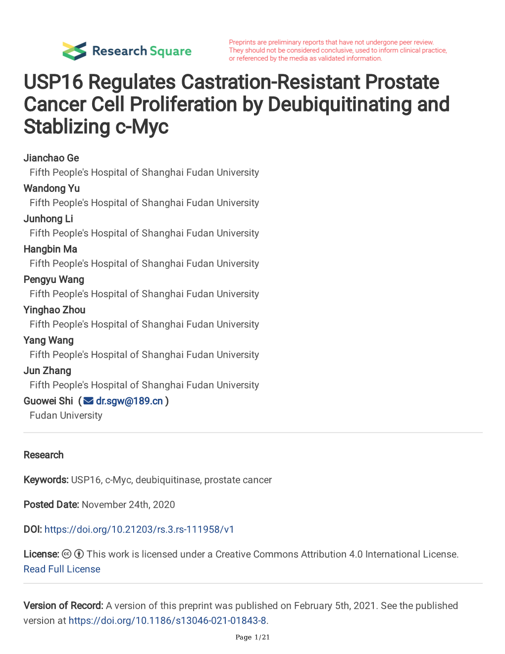 USP16 Regulates Castration-Resistant Prostate Cancer Cell Proliferation by Deubiquitinating and Stablizing C-Myc