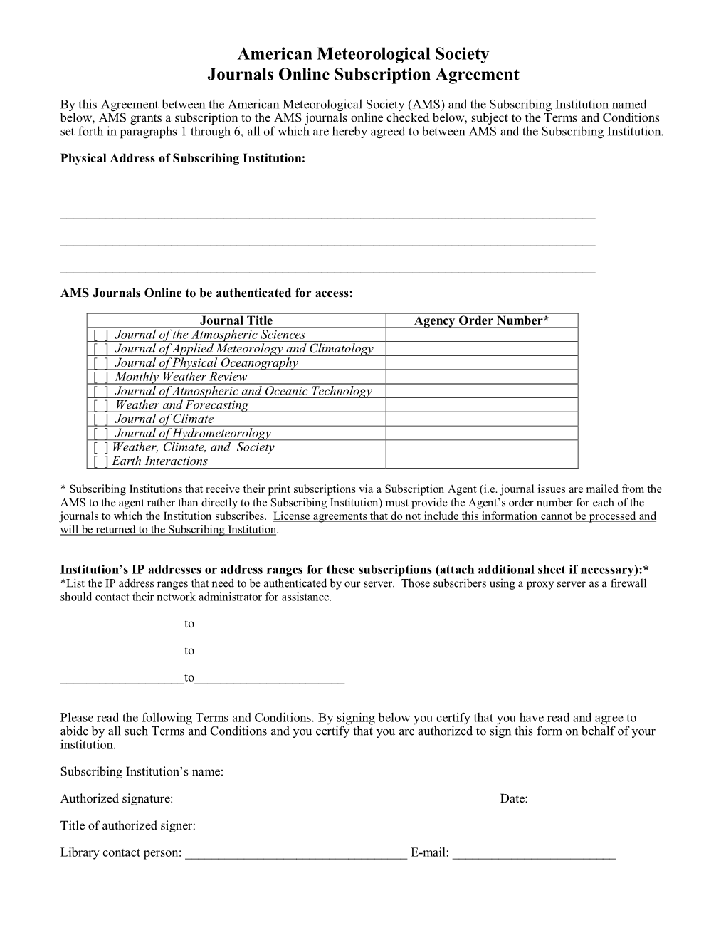 American Meteorological Society Journals Online Subscription Agreement