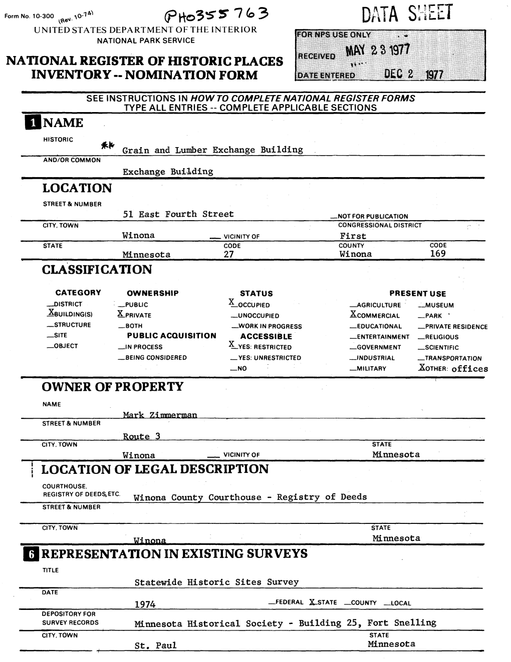 Data Shee United States Department of the Interior National Park Service National Register of Historic Places Inventory -- Nomination Form