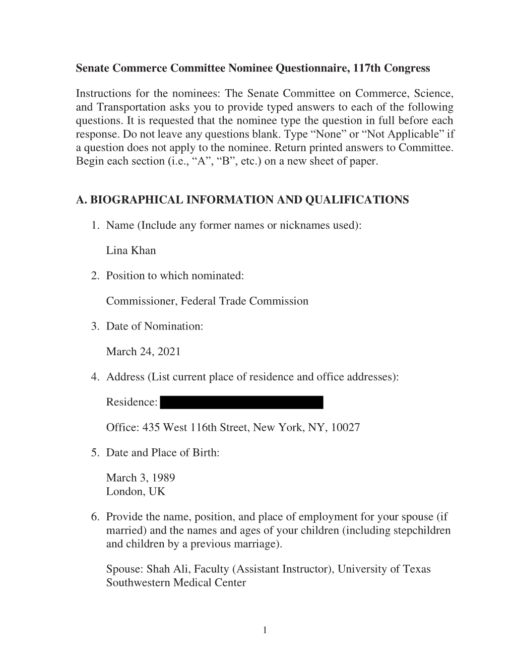 Senate Commerce Committee Nominee Questionnaire, 117Th Congress Instructions for the Nominees