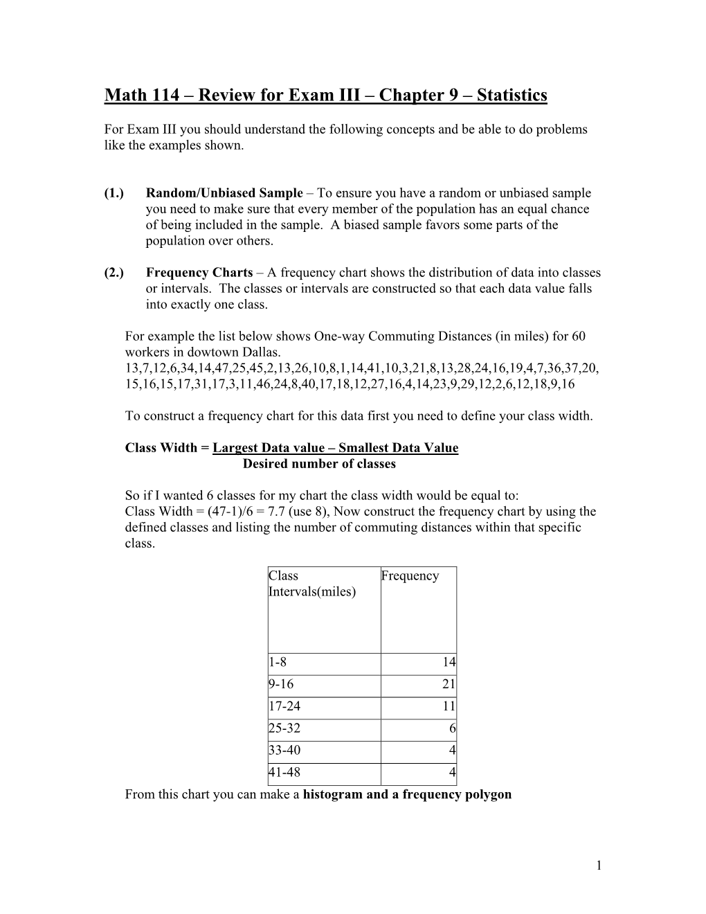 Math 114 – Review for Exam III – Chapter 9 – Statistics