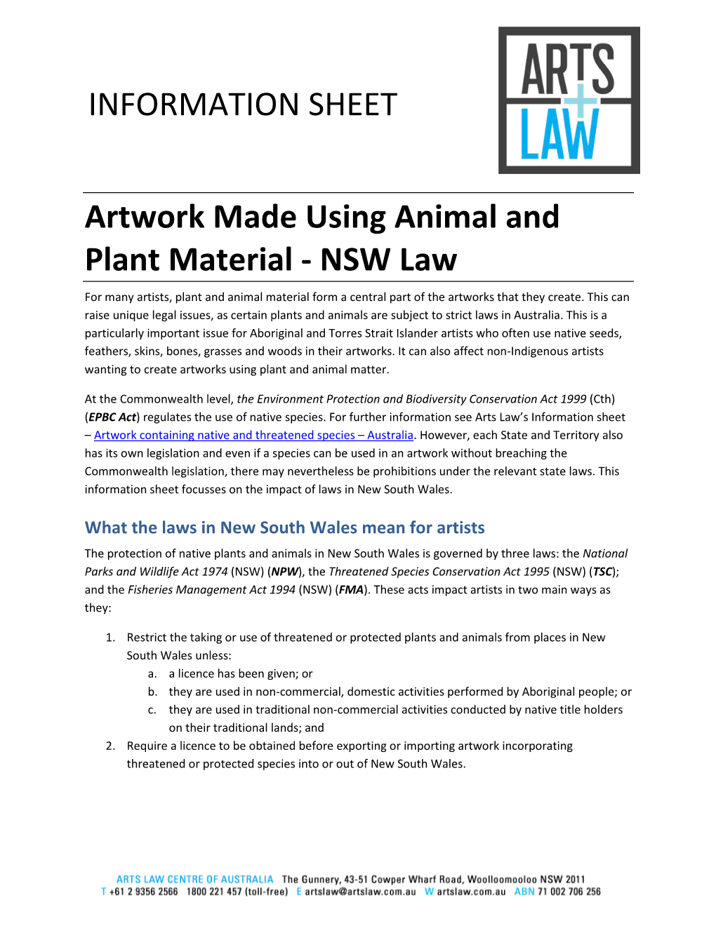 INFORMATION SHEET Artwork Made Using Animal and Plant Material