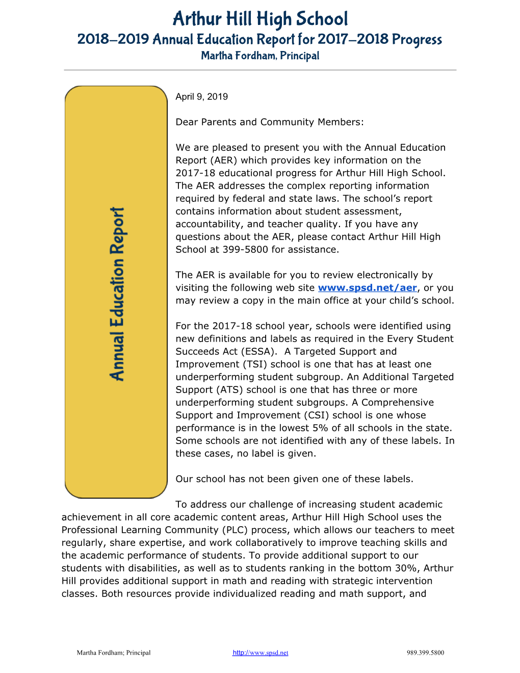 Arthur Hill High School 2018-2019 Annual Education Report for 2017- 2018 Progress