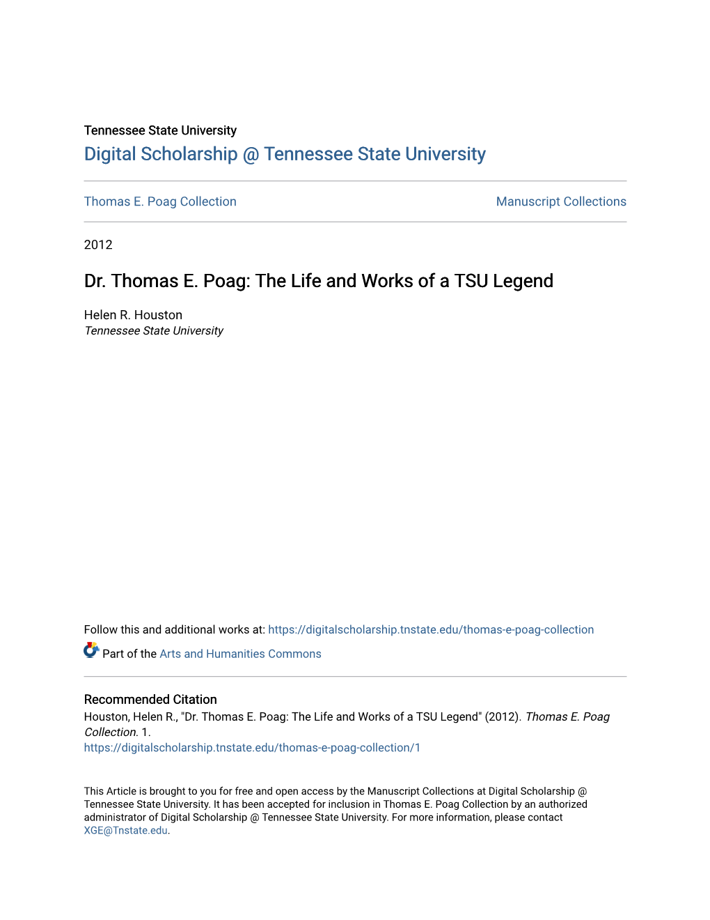 Dr. Thomas E. Poag: the Life and Works of a TSU Legend