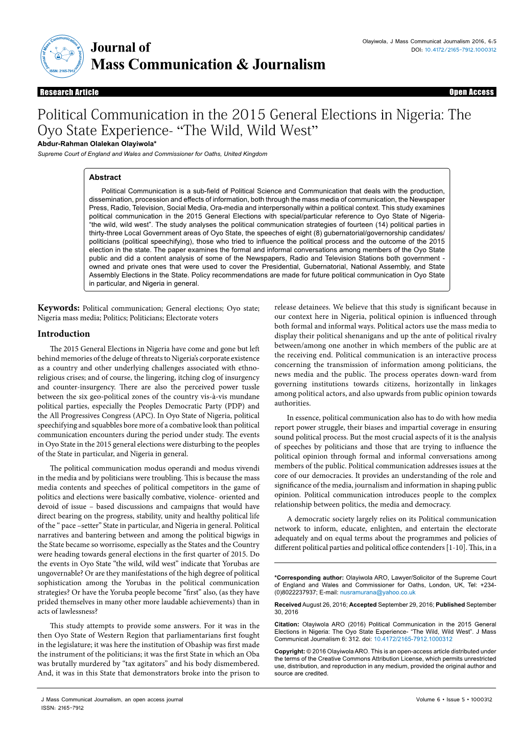 Political Communication in the 2015 General Elections in Nigeria: The