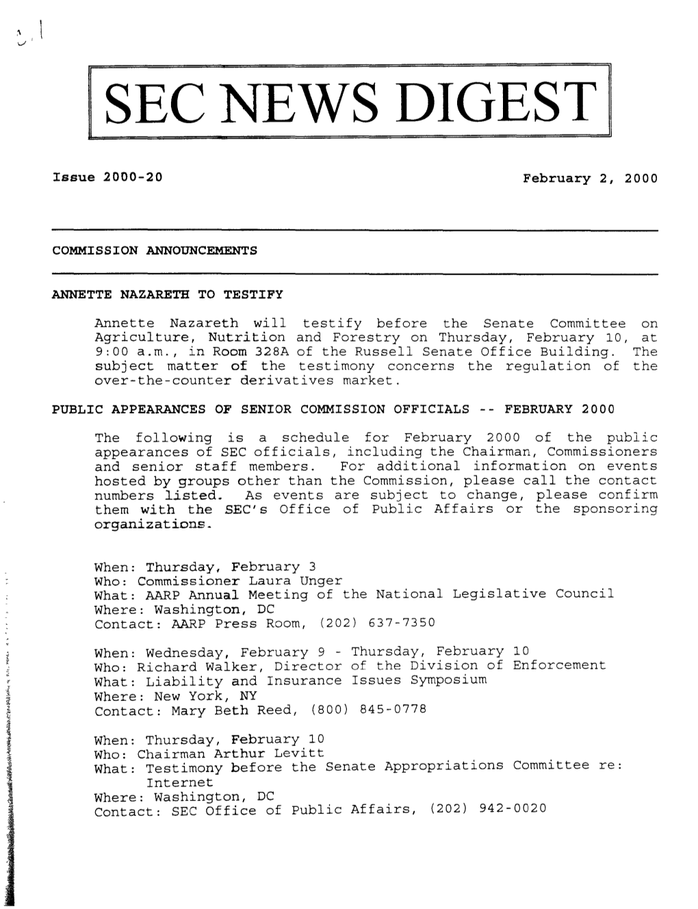 SEC News Digest, 02-02-2000