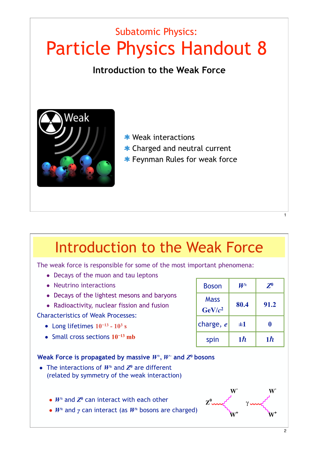 Particle Physics Handout 8 Introduction to the Weak Force