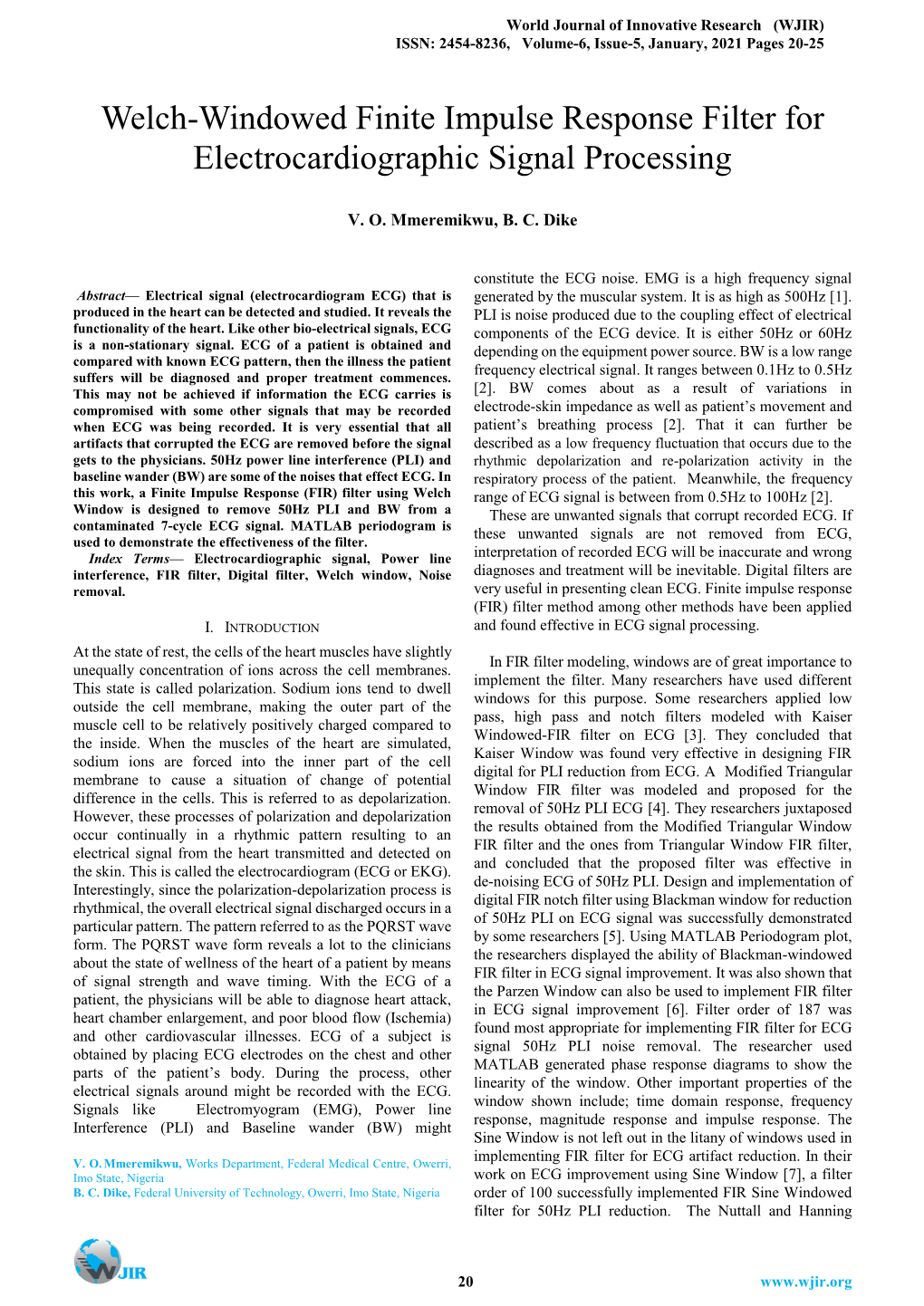 Welch-Windowed Finite Impulse Response Filter For