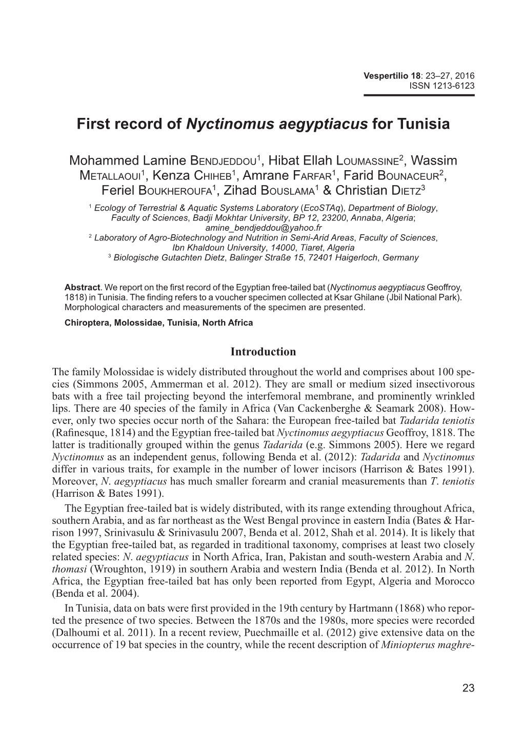 First Record of Nyctinomus Aegyptiacus for Tunisia