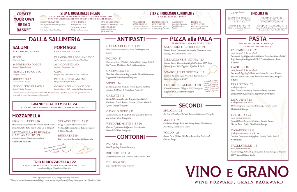 VINO E GRANO *The Consumption of Raw Or Undercooked Eggs, Meat, Poultry, Seafood Or Shellfish May Increase Your Risk of Foodborne Illness