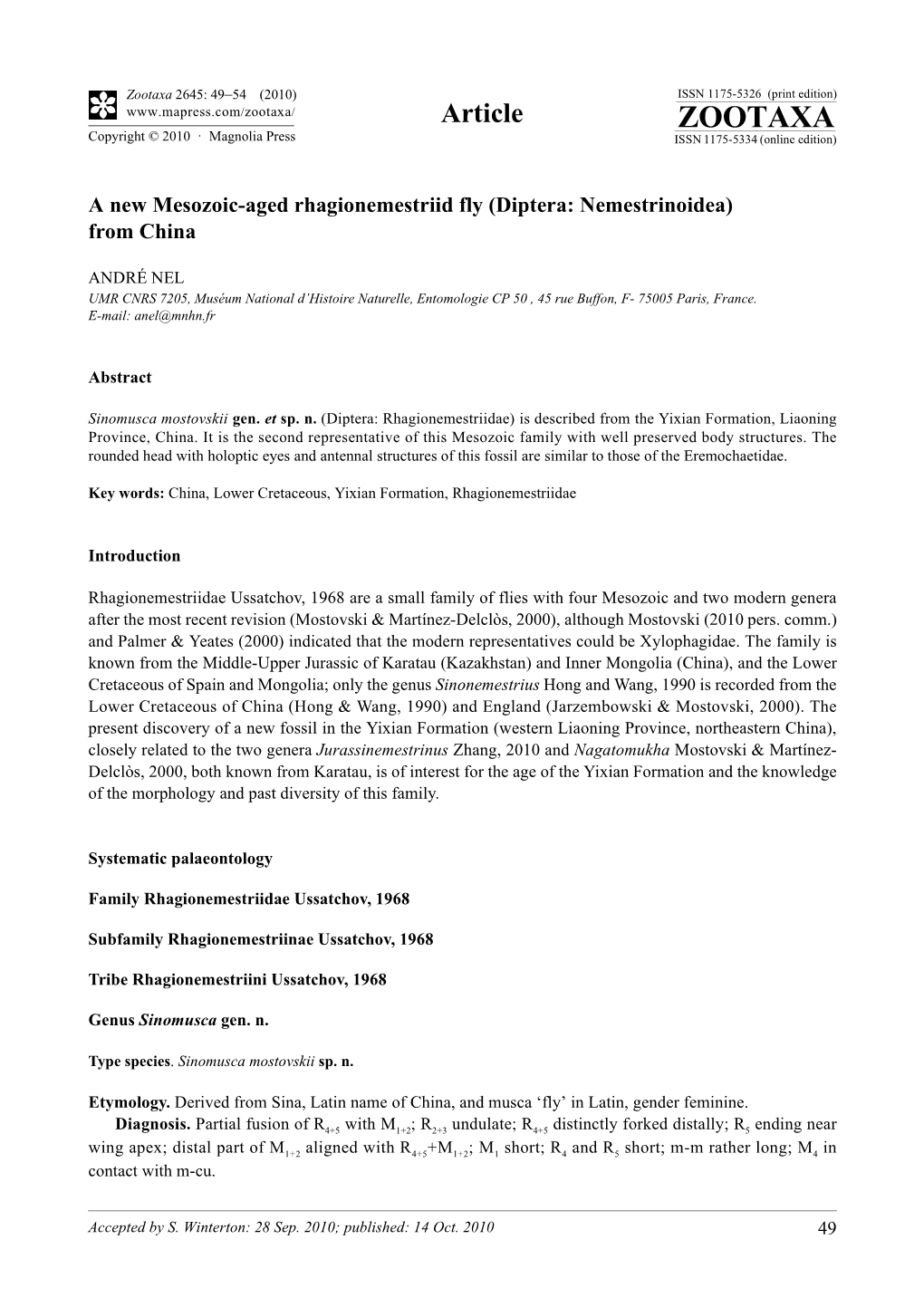 Zootaxa, a New Mesozoic-Aged Rhagionemestriid Fly (Diptera