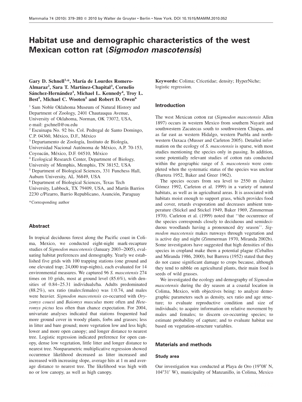 Habitat Use and Demographic Characteristics of the West Mexican Cotton Rat (Sigmodon Mascotensis)