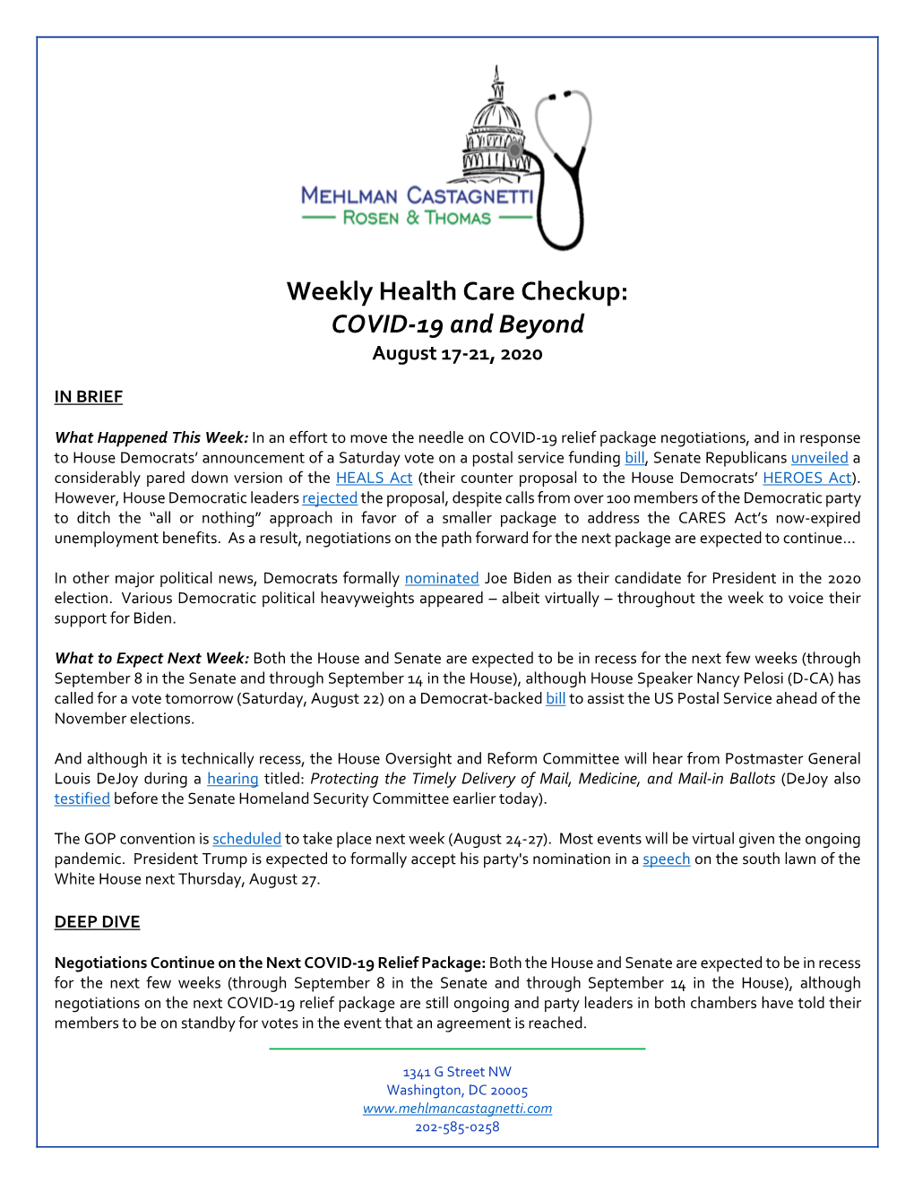 Weekly Health Care Checkup: COVID-19 and Beyond August 17-21, 2020