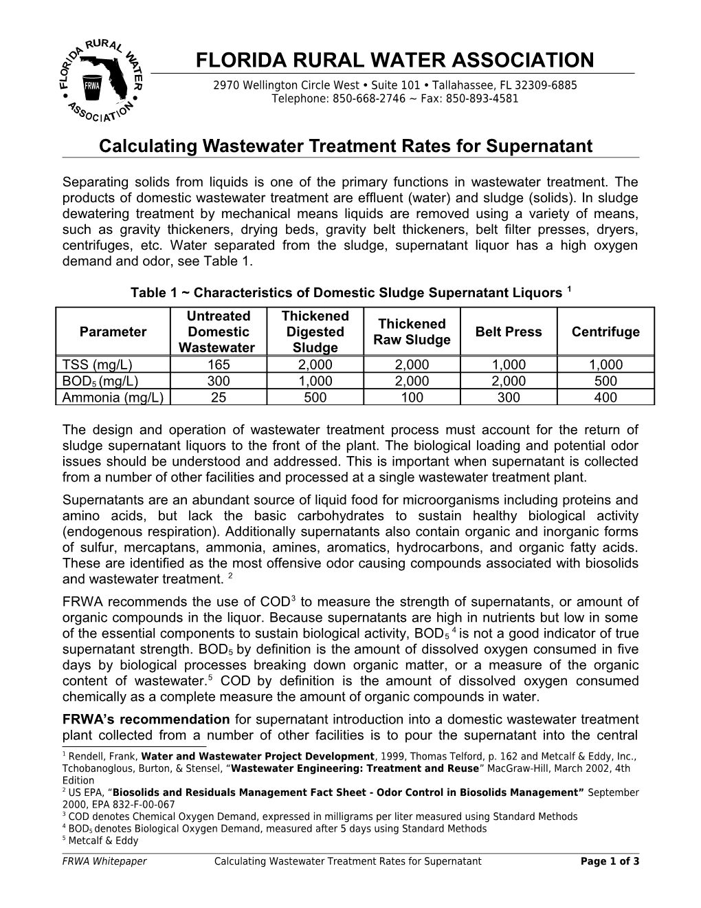 Table 1 Characteristics of Domestic Sludge Supernatant Liquors 1