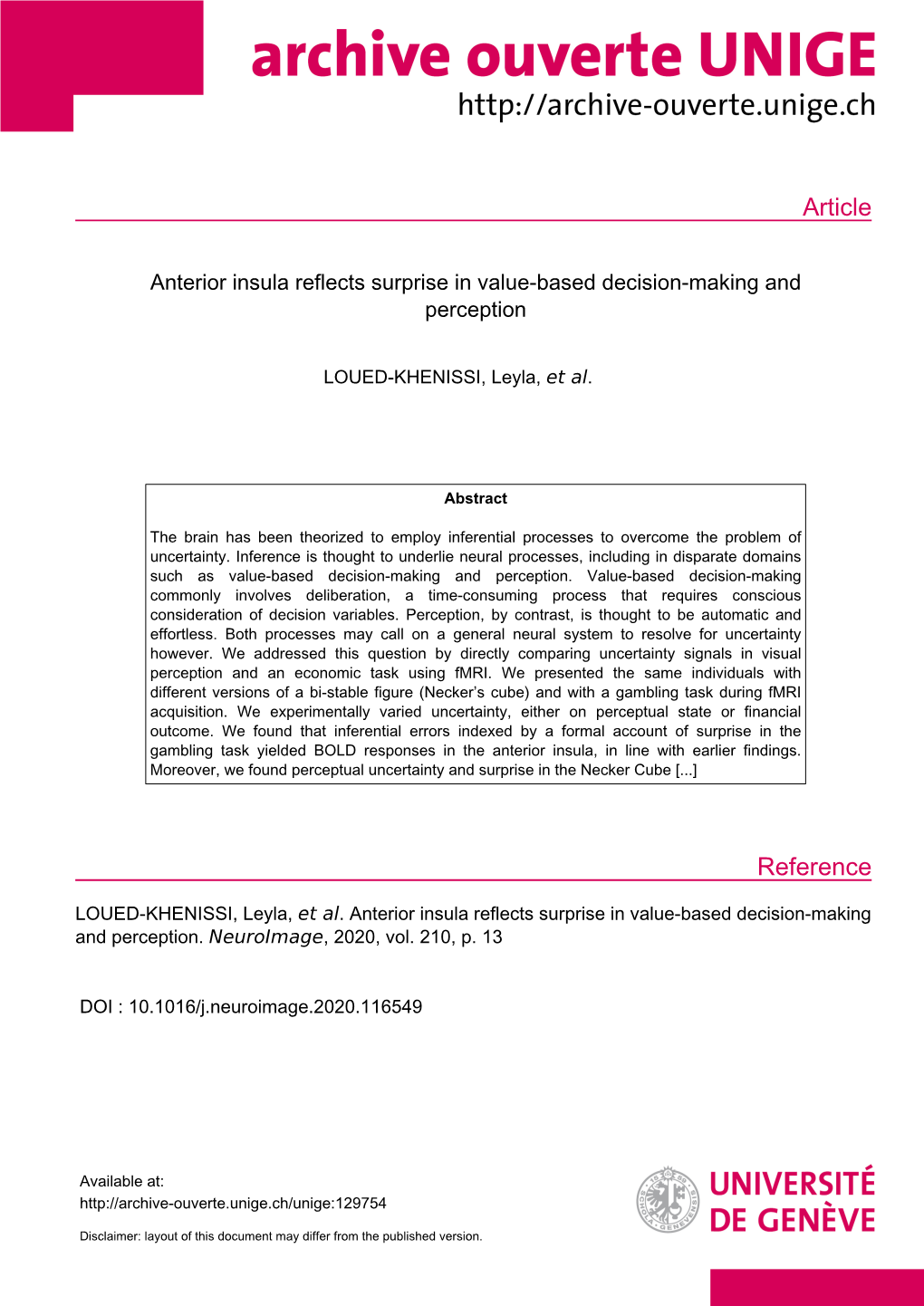 Anterior Insula Reflects Surprise in Value-Based Decision-Making and Perception