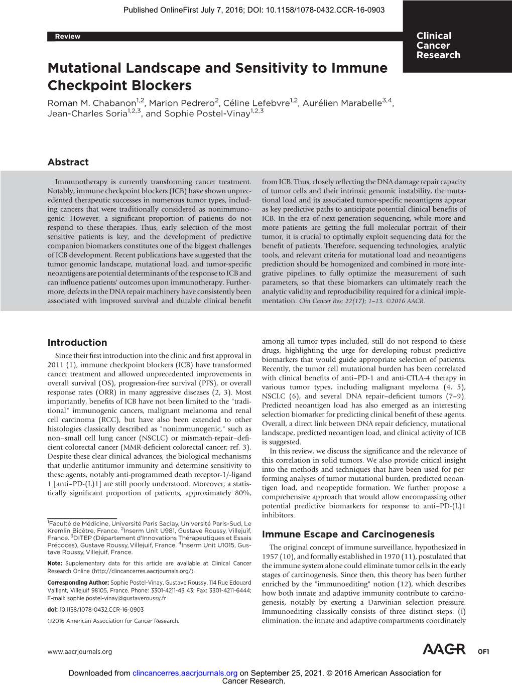 Mutational Landscape and Sensitivity to Immune Checkpoint Blockers Roman M