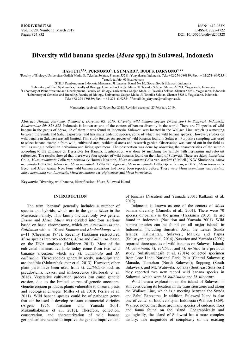 Diversity Wild Banana Species (Musa Spp.) in Sulawesi, Indonesia