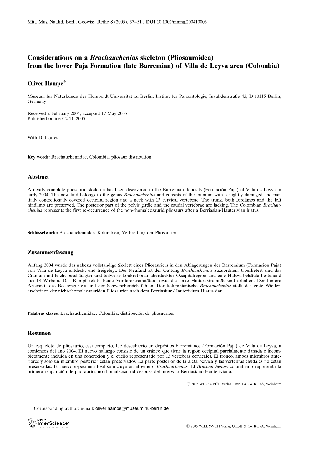 Considerations on a Brachauchenius Skeleton (Pliosauroidea) from the Lower Paja Formation (Late Barremian) of Villa De Leyva Area (Colombia)