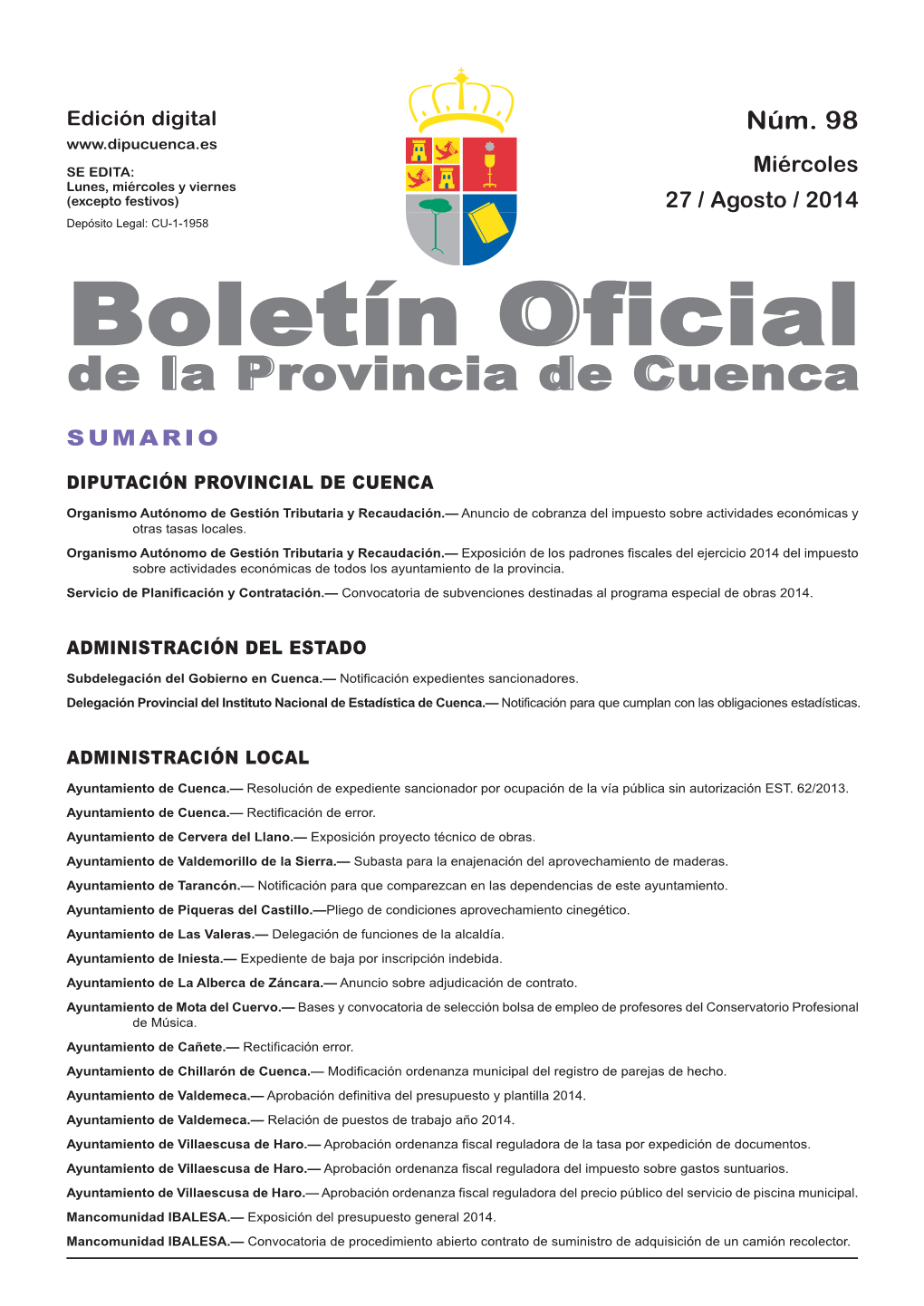 Boletín Oficial De La Provincia De Cuenca Sumario Diputación Provincial De Cuenca