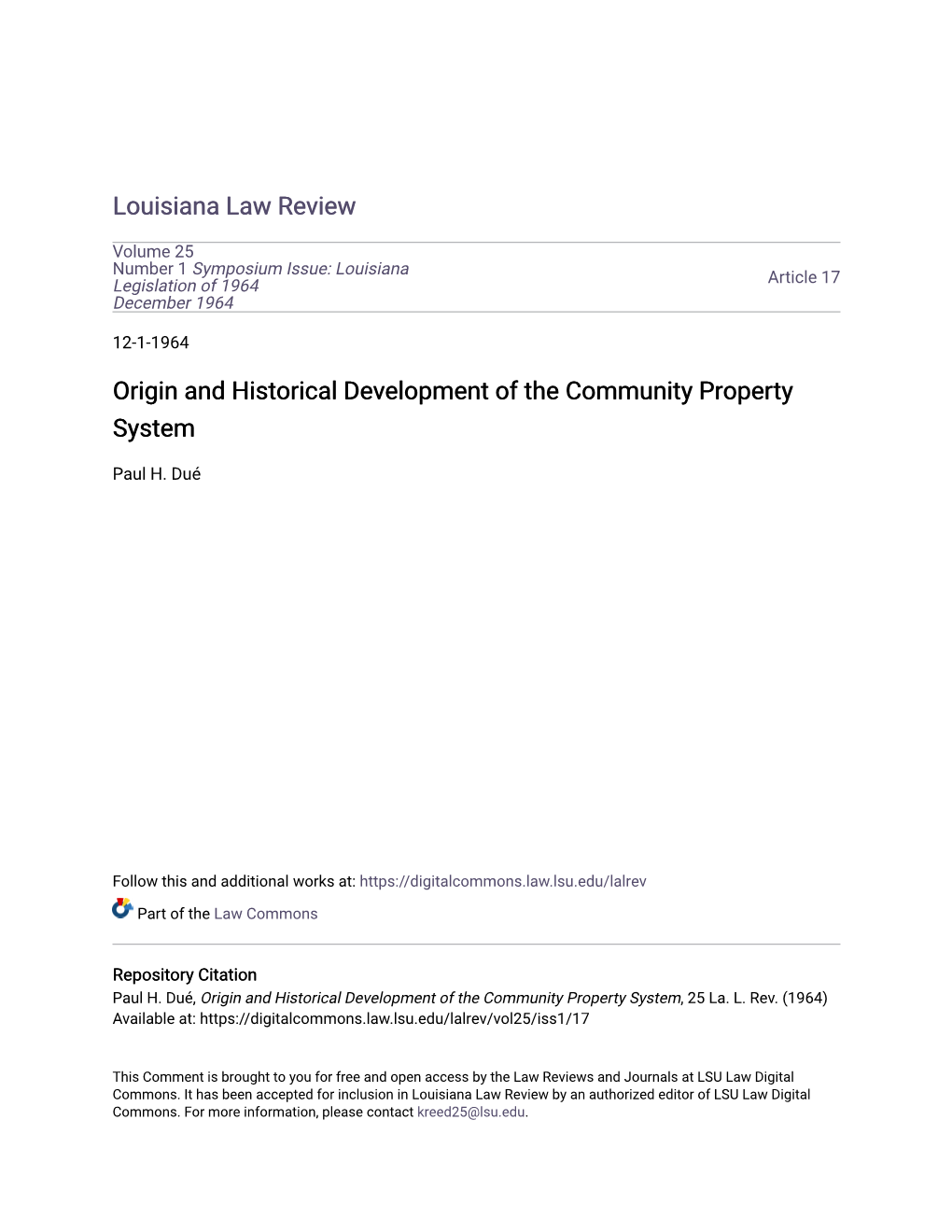 Origin and Historical Development of the Community Property System