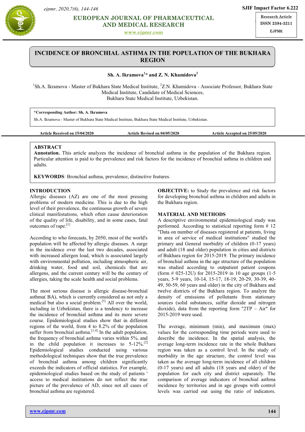 Incidence of Bronchial Asthma in the Population of the Bukhara Region