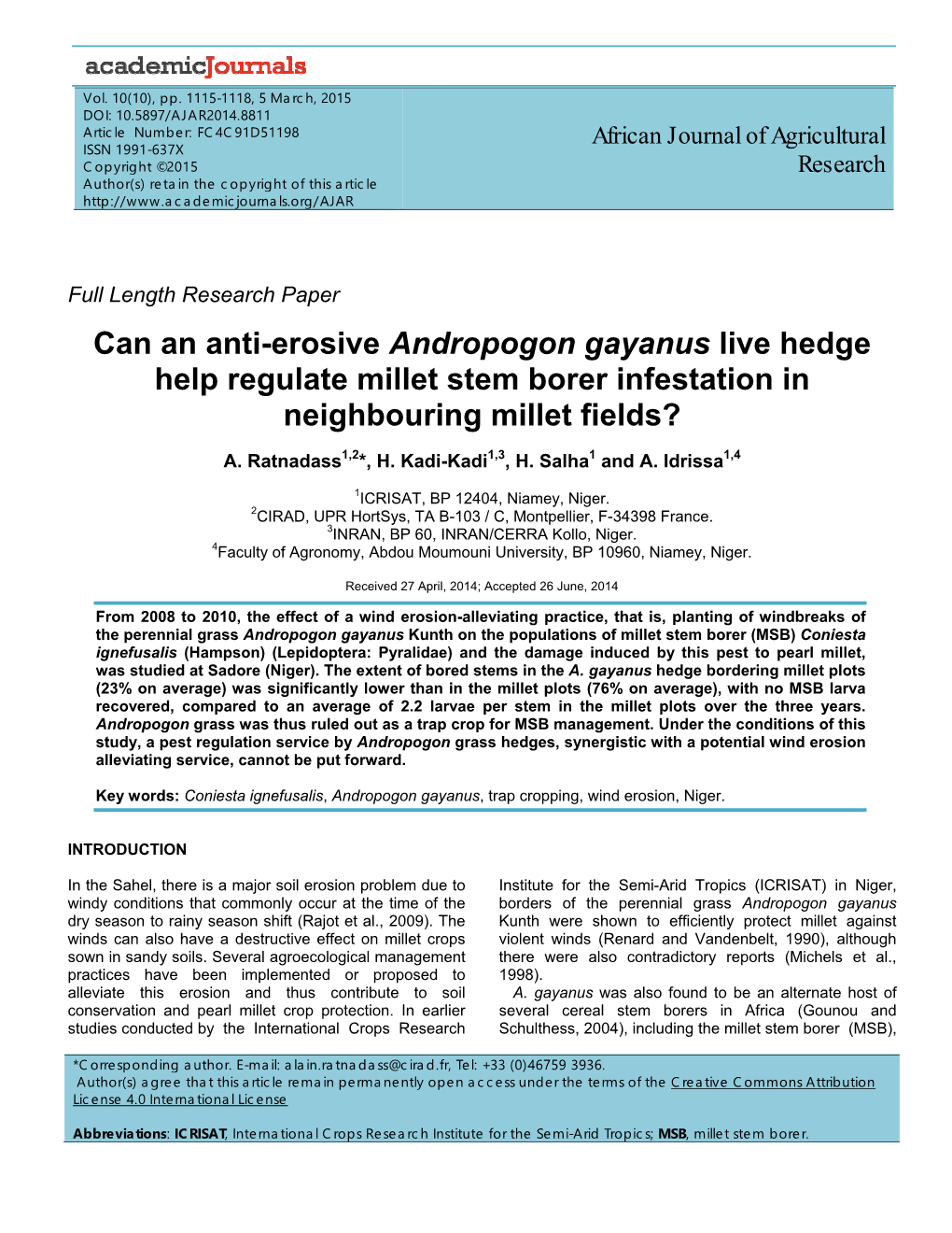 Can an Anti-Erosive Andropogon Gayanus Live Hedge Help Regulate Millet Stem Borer Infestation in Neighbouring Millet Fields?