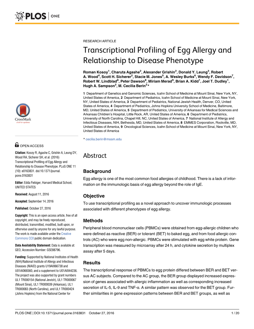 Transcriptional Profiling of Egg Allergy and Relationship to Disease Phenotype