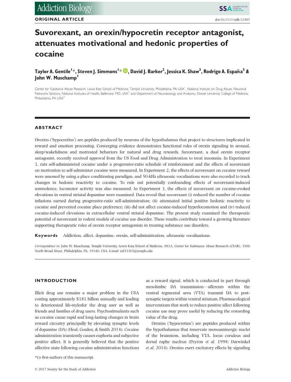 Suvorexant, an Orexin/Hypocretin Receptor Antagonist, Attenuates Motivational and Hedonic Properties of Cocaine