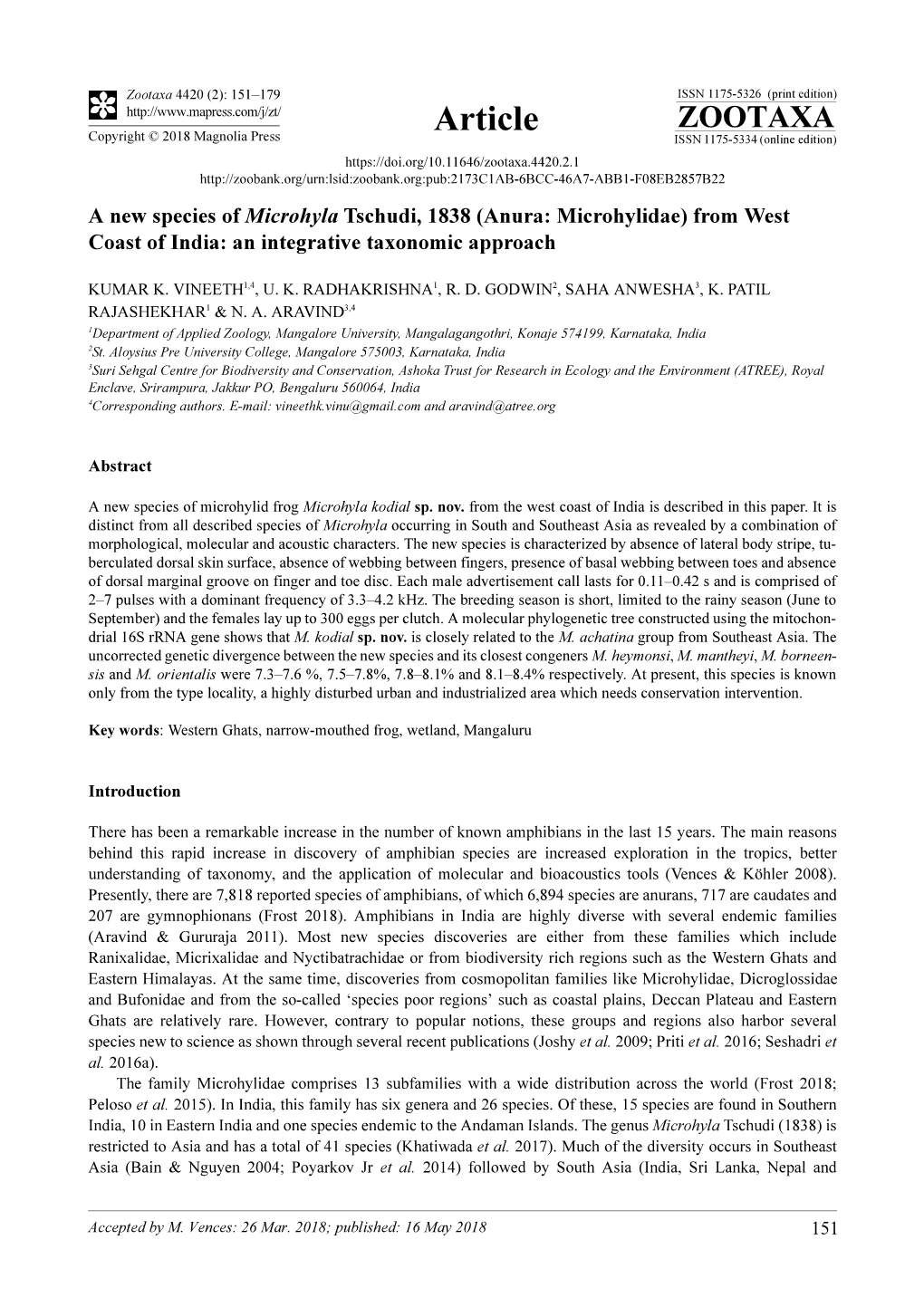 A New Species of Microhyla Tschudi, 1838 (Anura: Microhylidae) from West Coast of India: an Integrative Taxonomic Approach