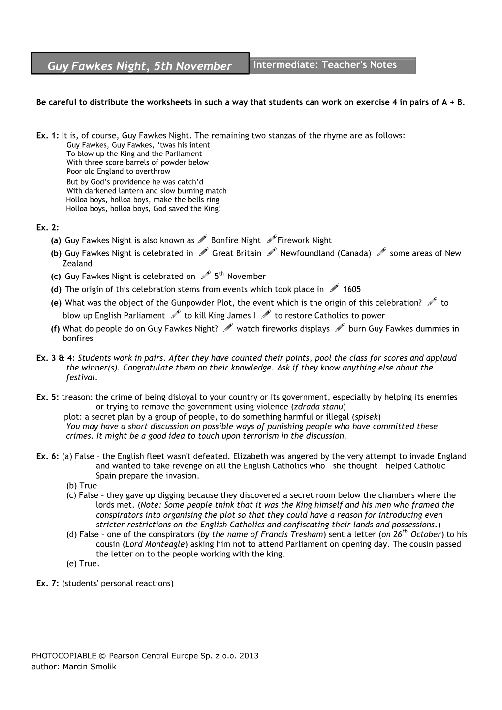 Guy Fawkes Night, 5Th November Intermediate: Teacher's Notes