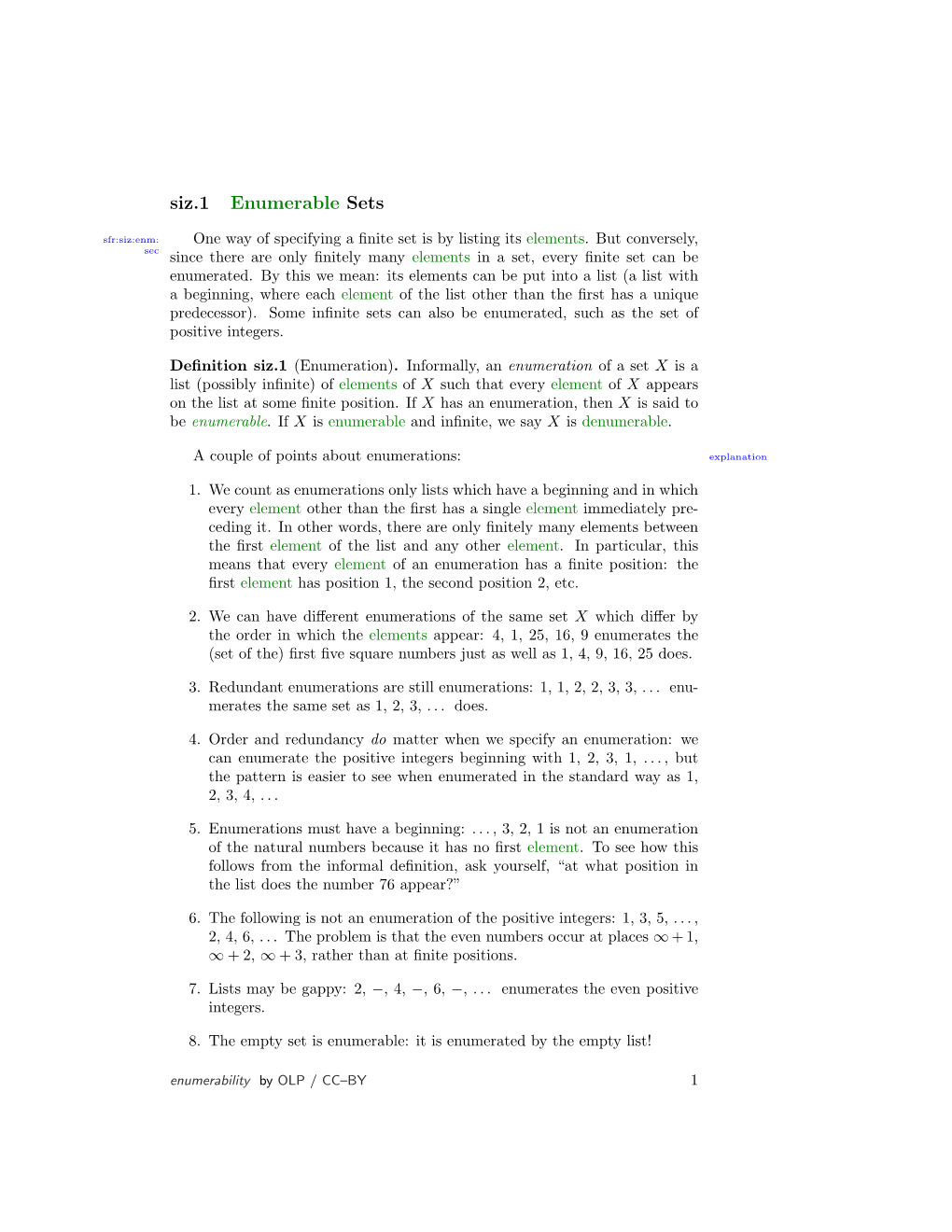 Siz.1 Enumerable Sets Sfr:Siz:Enm: One Way of Specifying a ﬁnite Set Is by Listing Its Elements