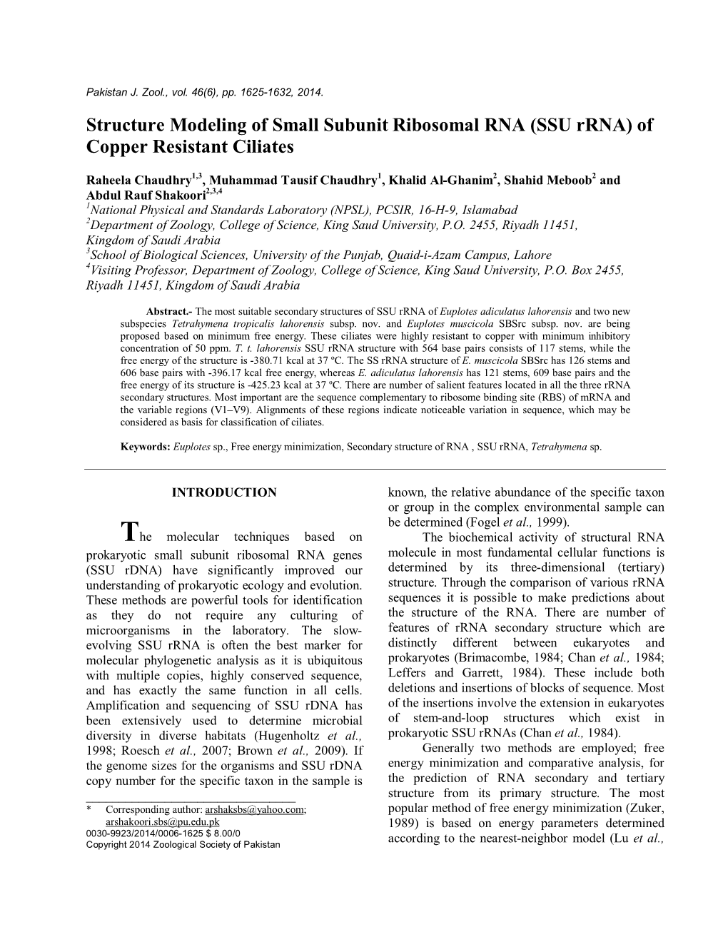 Structure Modeling of Small Subunit Ribosomal RNA (SSU Rrna) of Copper Resistant Ciliates