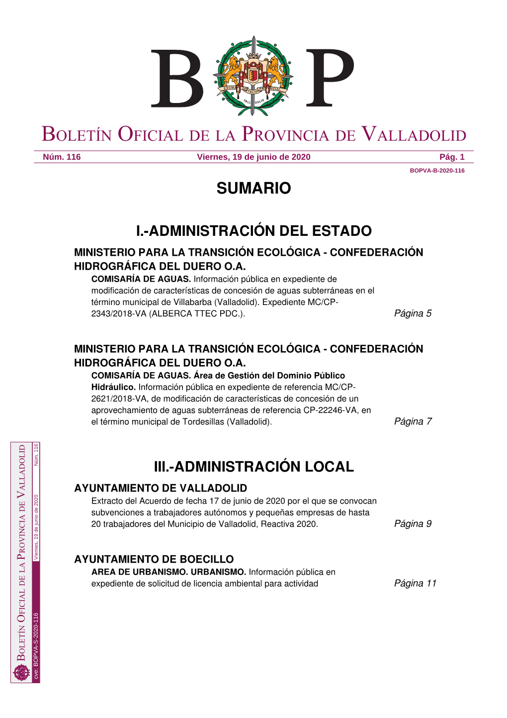 Sumario Boletín Oficial De La Provincia De Valladolid