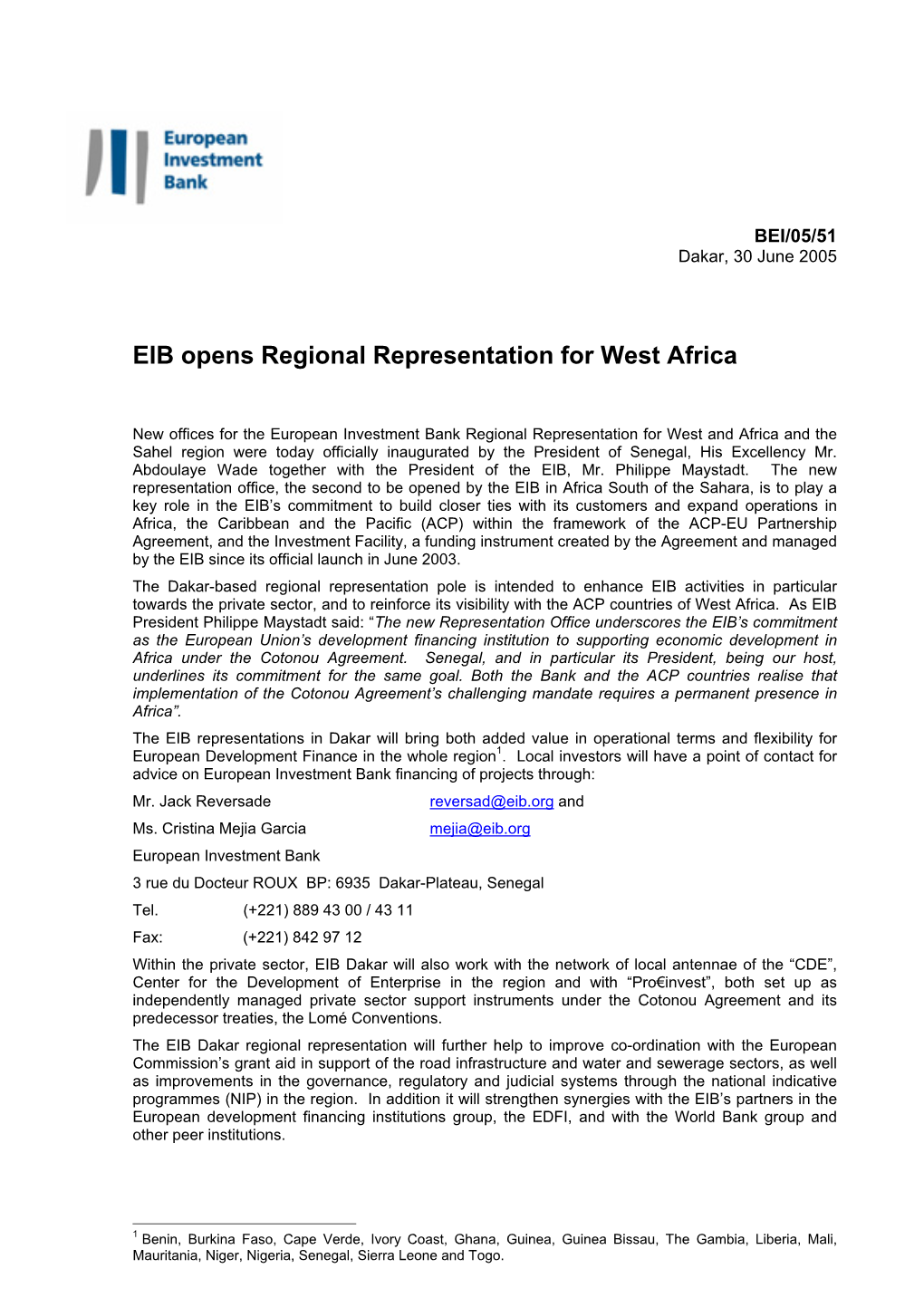 EIB Opens Regional Representation for West Africa