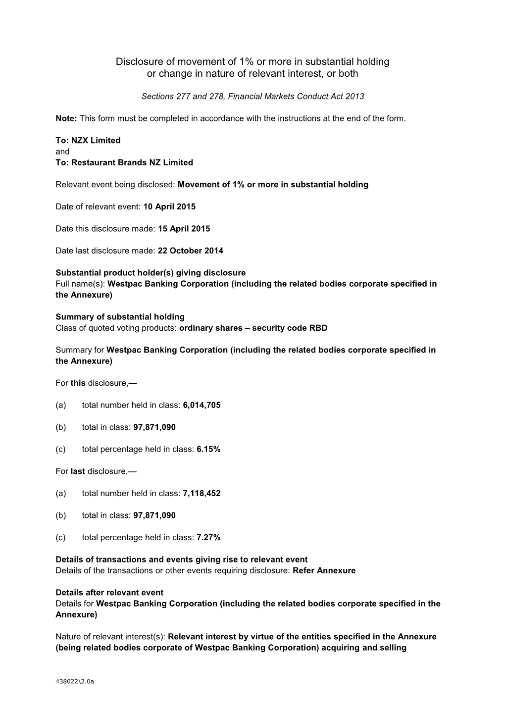 NZX Limited and To: Restaurant Brands NZ Limited